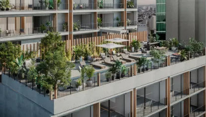 Render con vista aérea de amenidades.