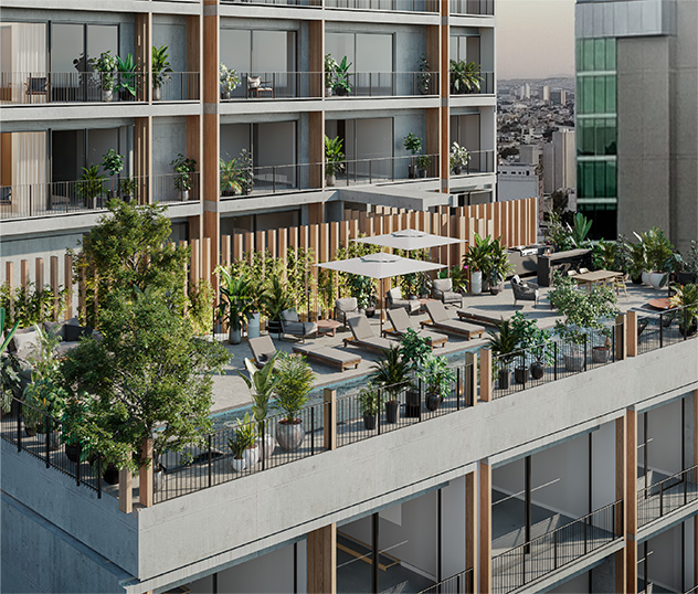 Vista aérea de amenidades en el piso 10 de la torre con vista a calle Sao Paulo