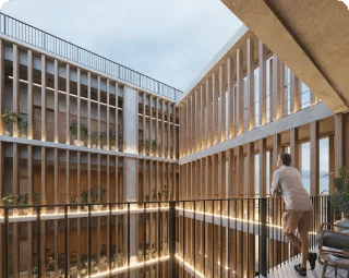 Vista interna de los departamentos hacia un patio central.